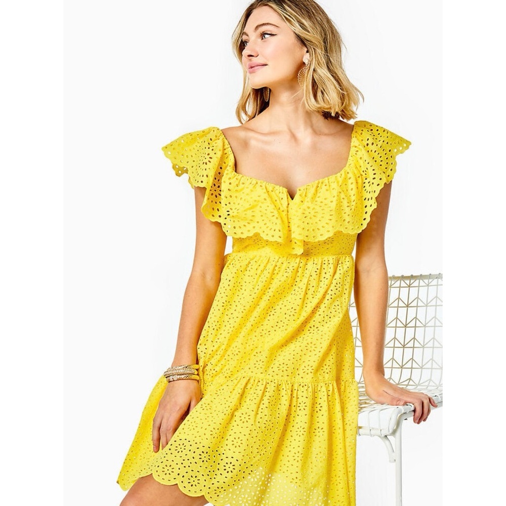 Lilly Pulitzer “Asteria” yellow eyelet overlay flutter sleeve tiered dress (6)